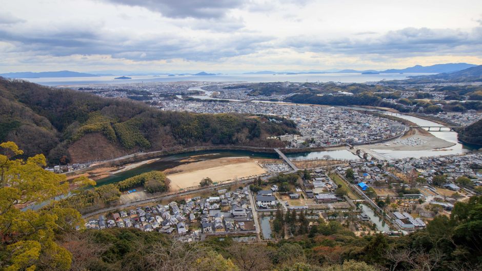 Aerial view of a coastal Japanese town